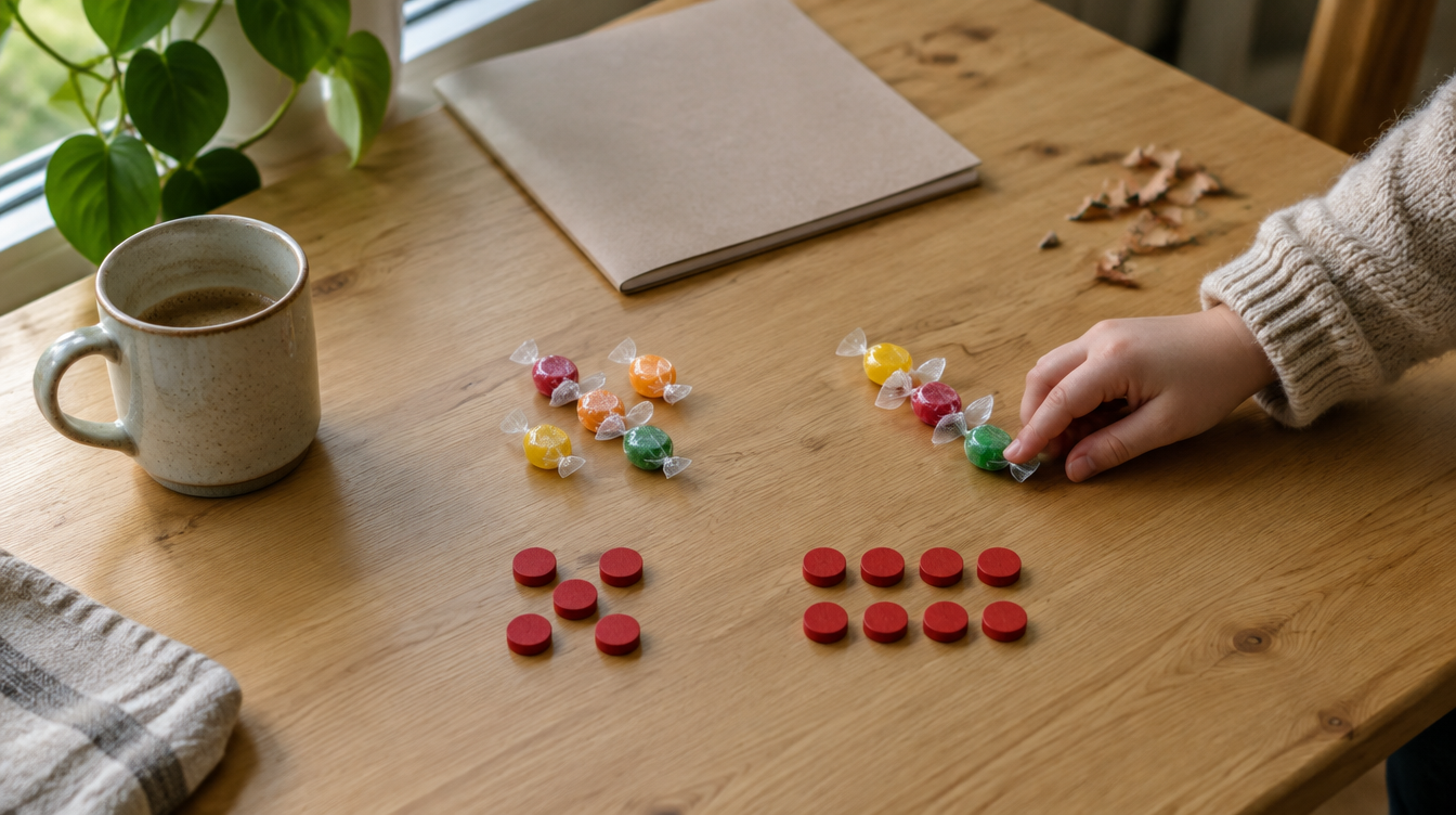 Acht Bonbons auf dem Küchentisch, aufgeteilt in fünf und drei, daneben rote Plättchen als Würfelbilder, eine Kinderhand schiebt drei Bonbons zur Seite