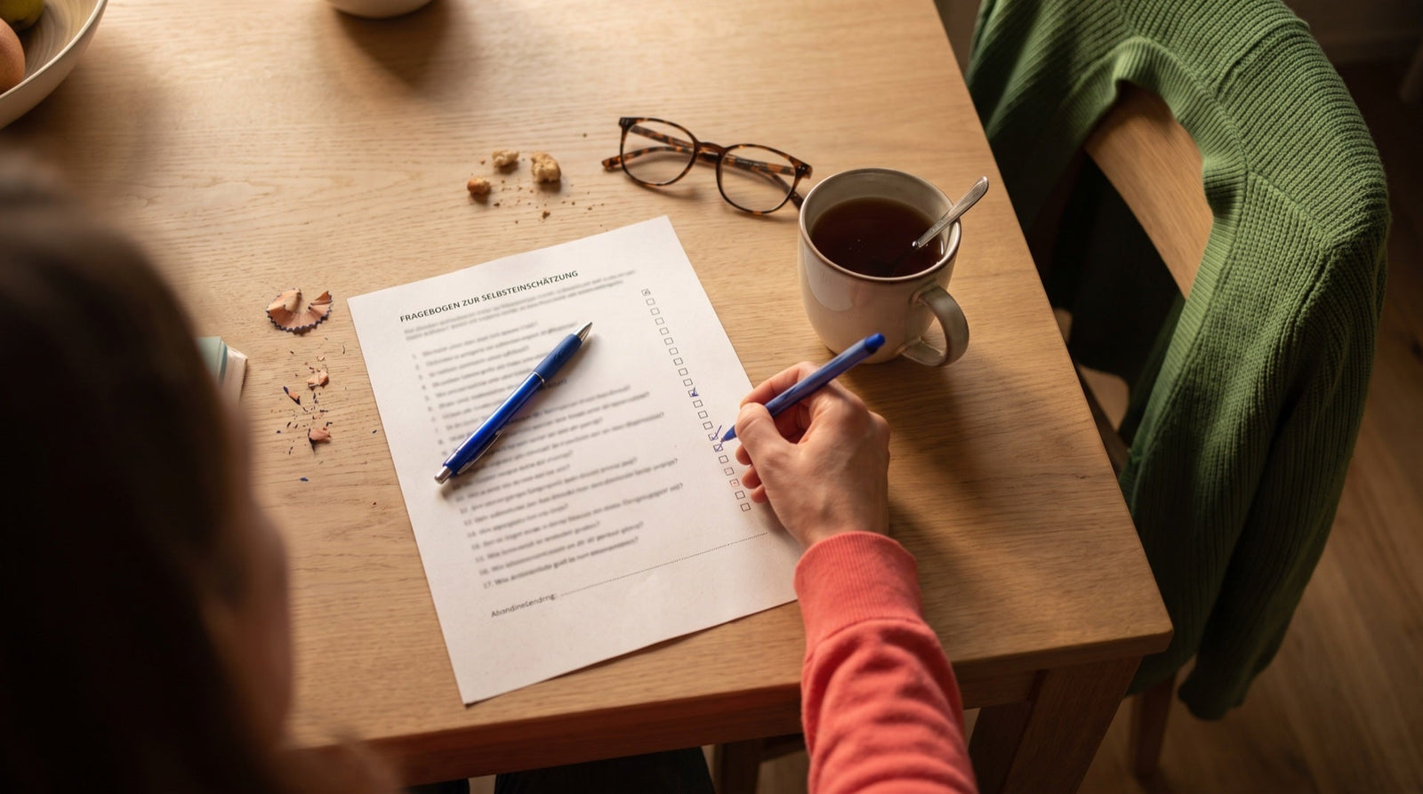Elternteil füllt am Küchentisch einen Fragebogen zur Selbsteinschätzung aus, Stift in der Hand