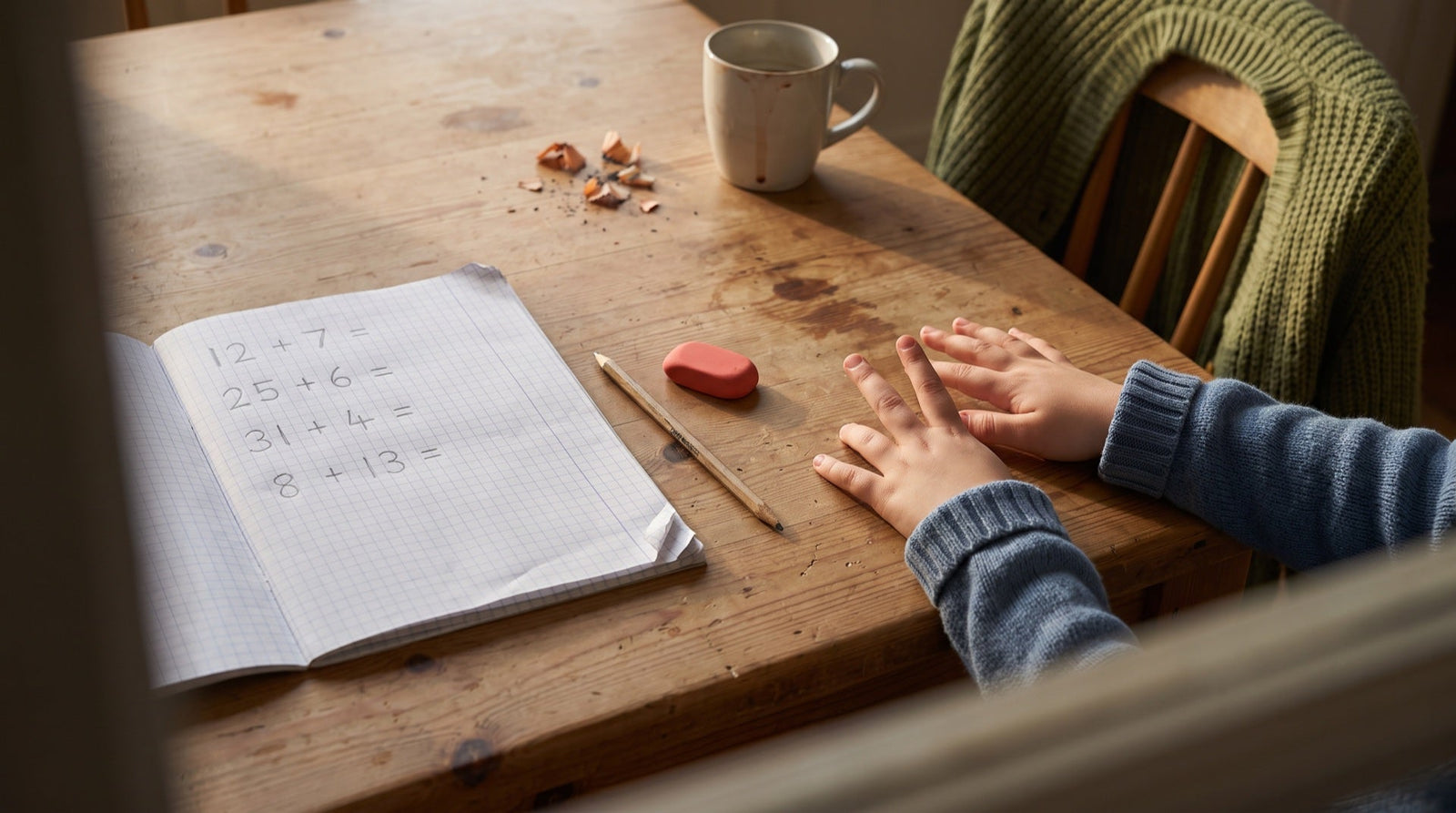 Kinderhände liegen mit gespreizten Fingern neben einem Matheheft mit Plusaufgaben
