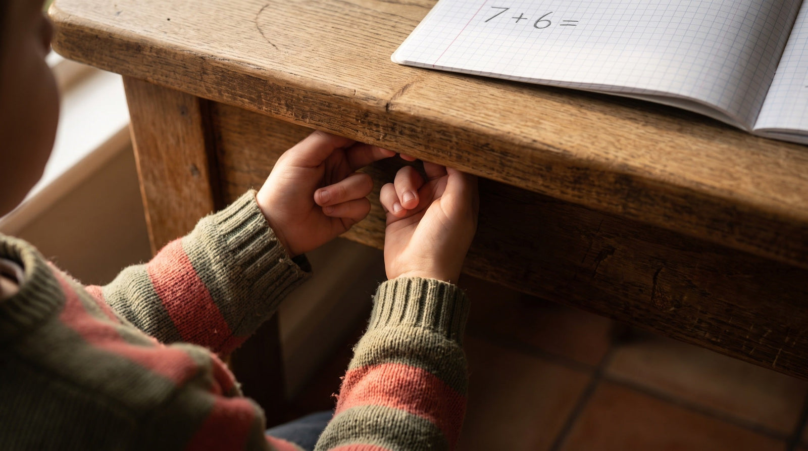 Kind zählt unter der Tischkante mit den Fingern, auf dem Tisch liegt das Heft mit der Aufgabe 7 plus 6